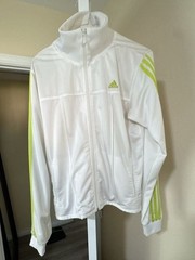 Adidas Women’s White Track Jacket with Lime Green Stripes and Mesh Lining