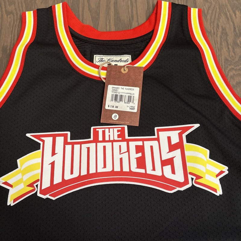 The Hundreds Mitchell & Ness XL Baksetball Jersey Black Red Yellow Atom Bomb NWT gallery