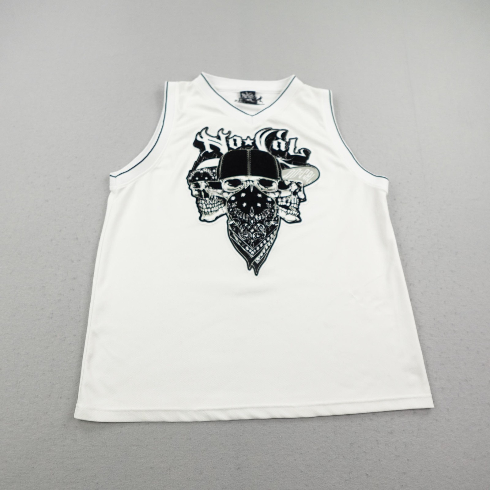 No Cal Shirt Mens XL White Black Skull Bandana Sleeveless Jersey Tank Top V Neck gallery