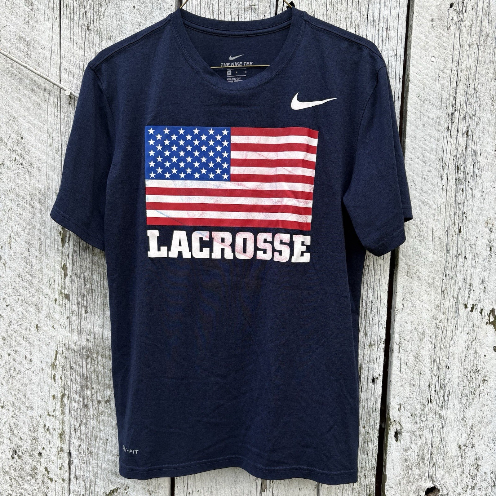 Nike USA Lacrosse LAX Flag Logo Short Sleeve Performance Shirt Med Blue Dri-Fit gallery