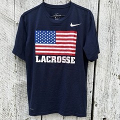 Nike USA Lacrosse LAX Flag Logo Short Sleeve Performance Shirt Med Blue Dri-Fit