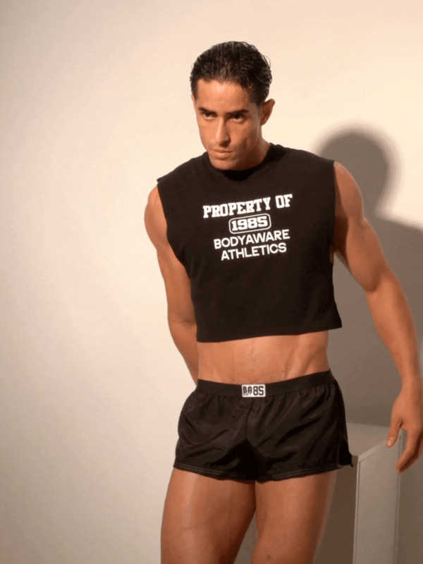 Body Aware Varsity 85 Crop Top for Men (Black) - Sexy Athletic Clothes for Guys gallery