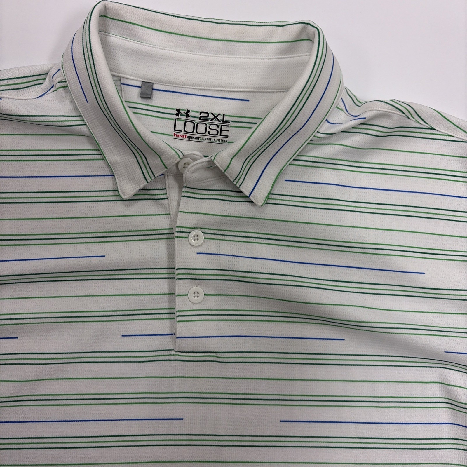 Under Armour Heatgear White Golf Shirt Mens 2XL Green Blue Stripes Athletic gallery