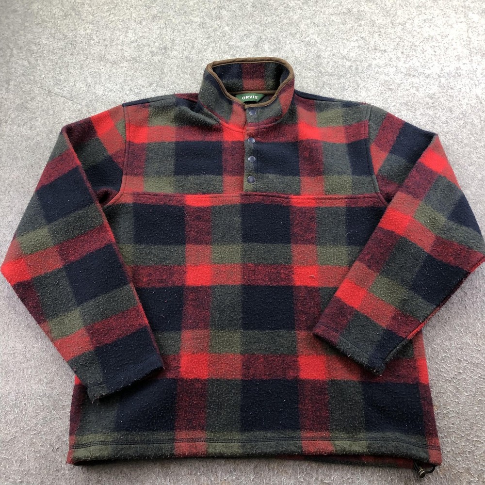 Orvis Pullover Mens Medium Red Plaid Snap Mock Neck Fleece Top Outdoor Thermal