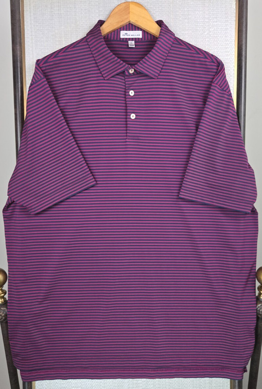 PETER MILLAR Mens Performance Polo Shirt Size XL Magenta Blue Stripe Golf gallery
