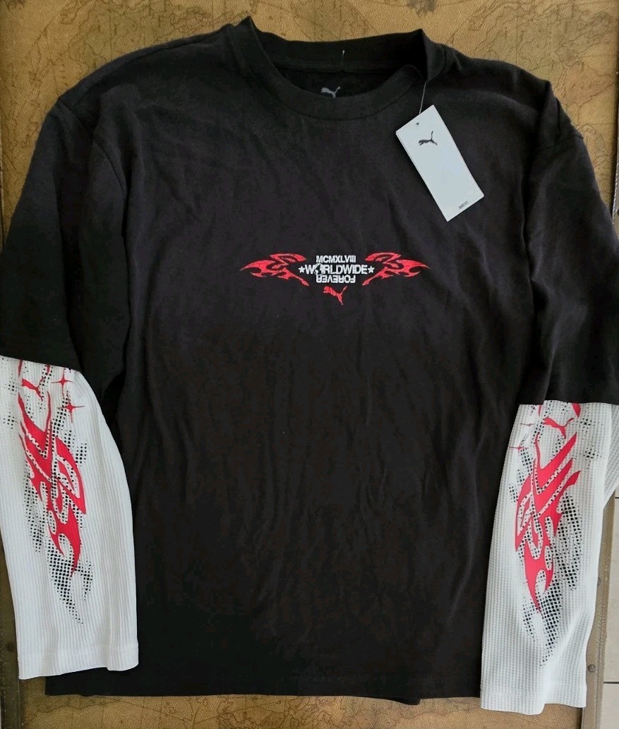 Puma PumaTech X Washed Boxy Black/Red Long Sleeve Crewneck T-Shirt Mens Sz L NWT gallery