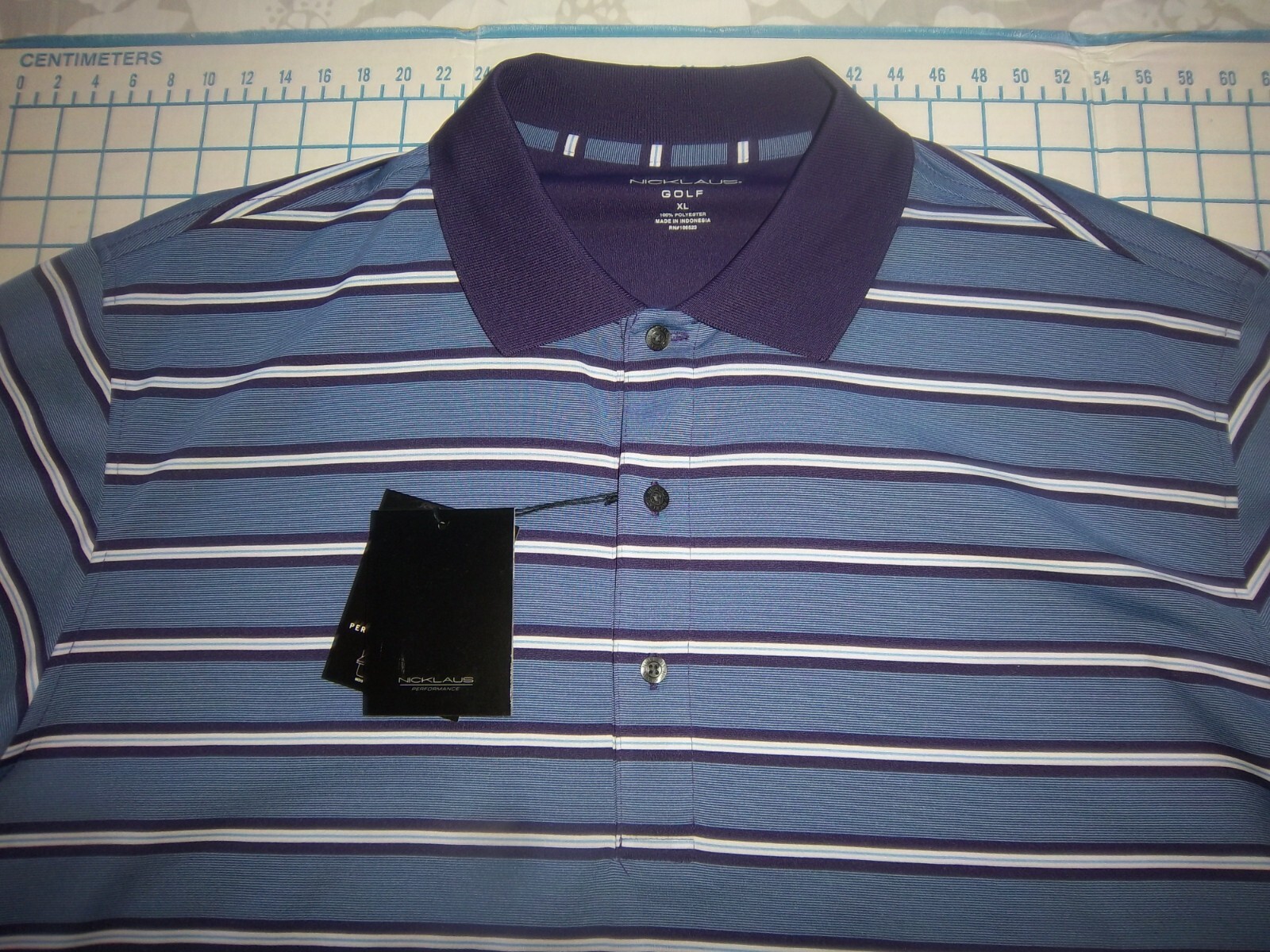 MENS NOS XLARGE PURPLE/BLUE/WHITE STRIPED NICKLAUS PERFORMANCE POLO SHIRT - NWT gallery