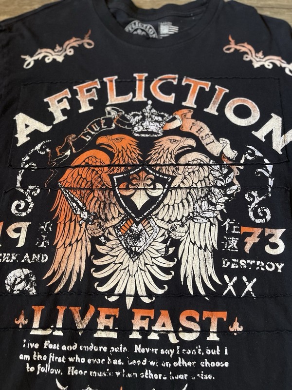 Affliction Mens Short Sleeve Black & Orange Seek & Destroy T-Shirt - Mens Large gallery