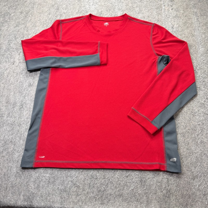 ALO Yoga Shirt Men XL Red Gray Long Sleeve Colorblock Crew Neck CoolFit gallery