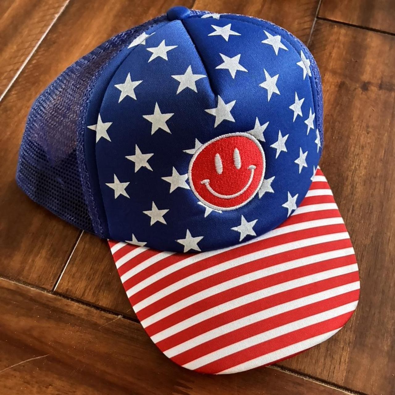 American Style Red, white and blue foam snapback trucker hat with smiley face gallery
