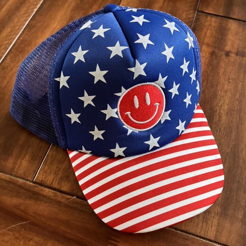 American Style Red, white and blue foam snapback trucker hat with smiley face