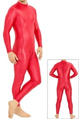 Mens Wet Look Full Suit Zip & SRV Red Stretch Strong Shine Elastic Skin Tight