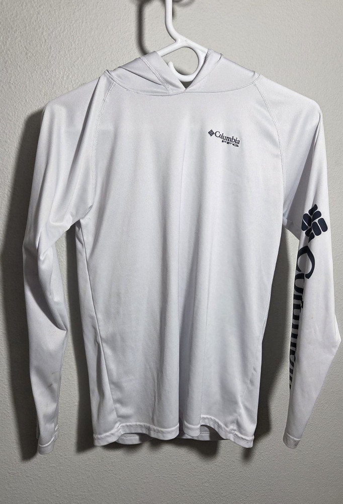 Columbia YOUTH L White Pullover Hoodie Long Sleeve Polyester Solid Logo PFG