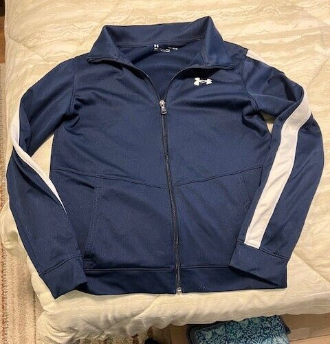 Under Armour Workout Shirt Unisex Navy/White Chest Logo Full Zip Size Youth L/JG gallery