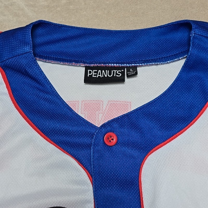 Peanuts Snoopy Baseball Jersey Large White Blue Button Front Short Sleeve gallery