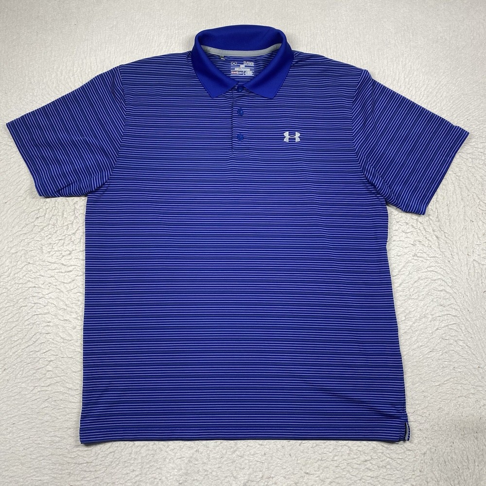 Under Armour Polo Shirt HeatGear Mens XL Blue Striped Short Sleeve Golf
