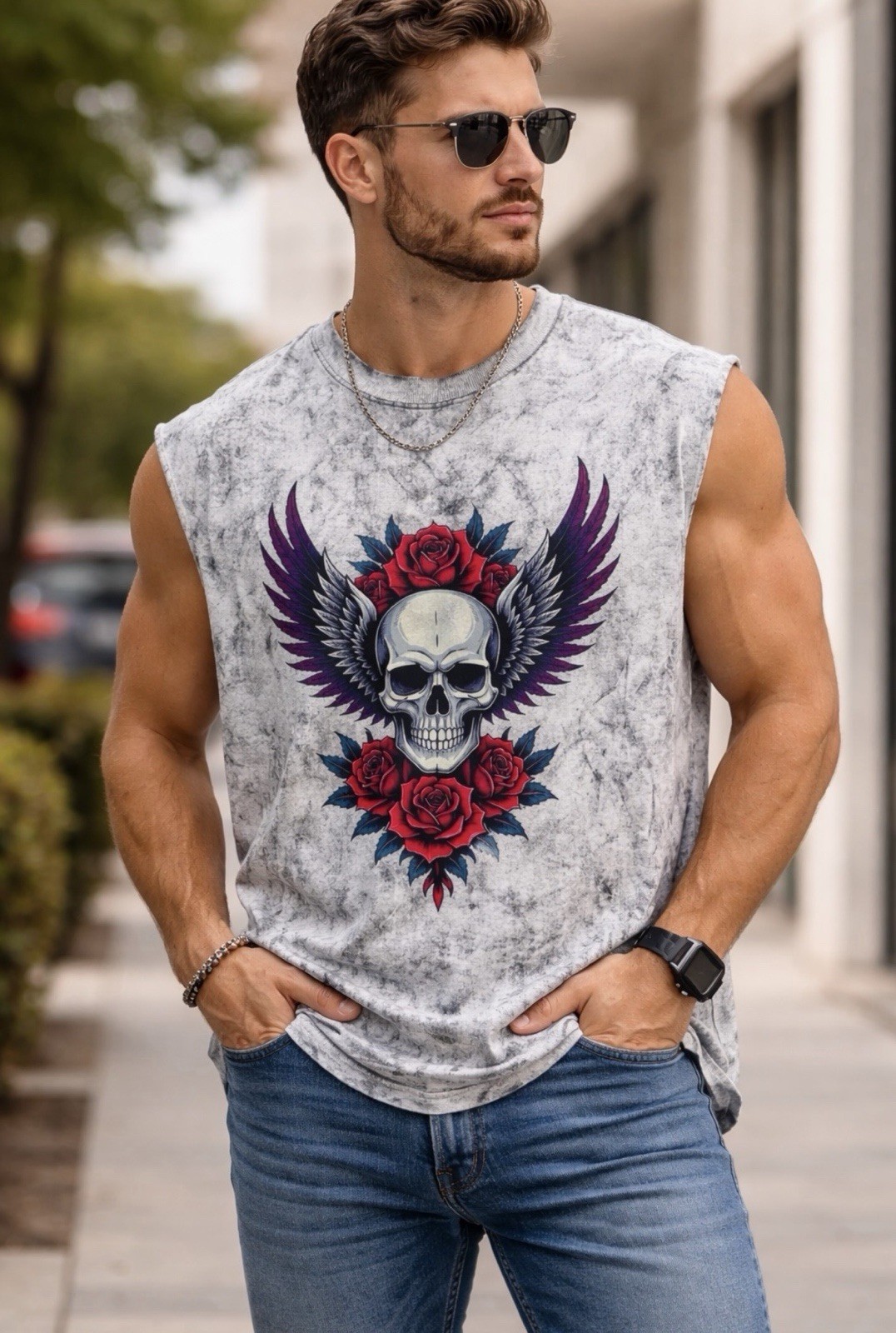 Ink Empire Men's Sleeveless Tank Skull Rose Graphic Print Multi Colors gallery