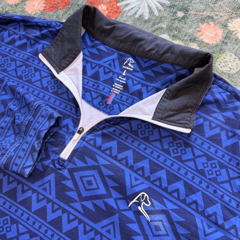 Rhoback Mens Large Blue Aztec Geometric Performance Quarter Zip Pullover Golf gallery