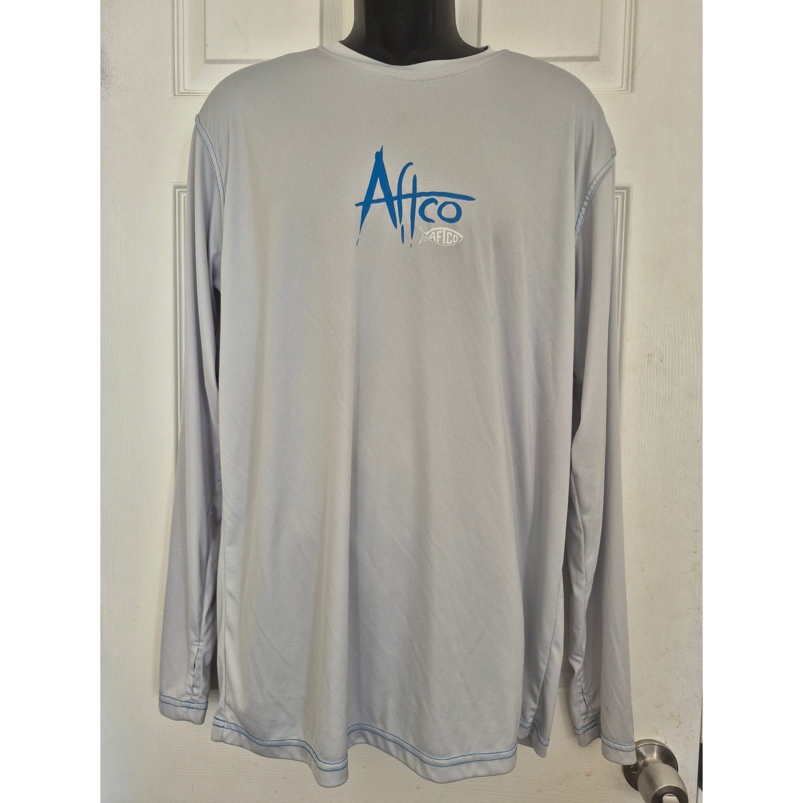 AFTCO Mens Performance Fishing Shirt Long Sleeve Grey Blue Logo Size Large gallery