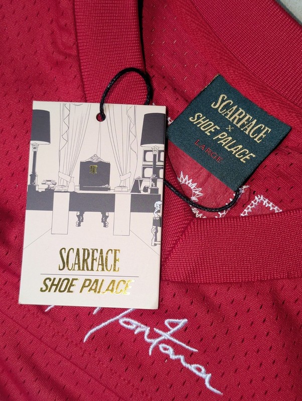 NWT Shoe Palace X Scarface Tony Montana Jersey Men's Size LARGE Red White 83 gallery