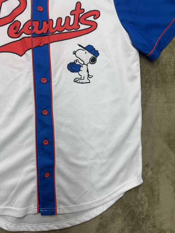 Peanuts Snoopy Baseball Jersey Medium White Blue Button Front Short Sleeve gallery