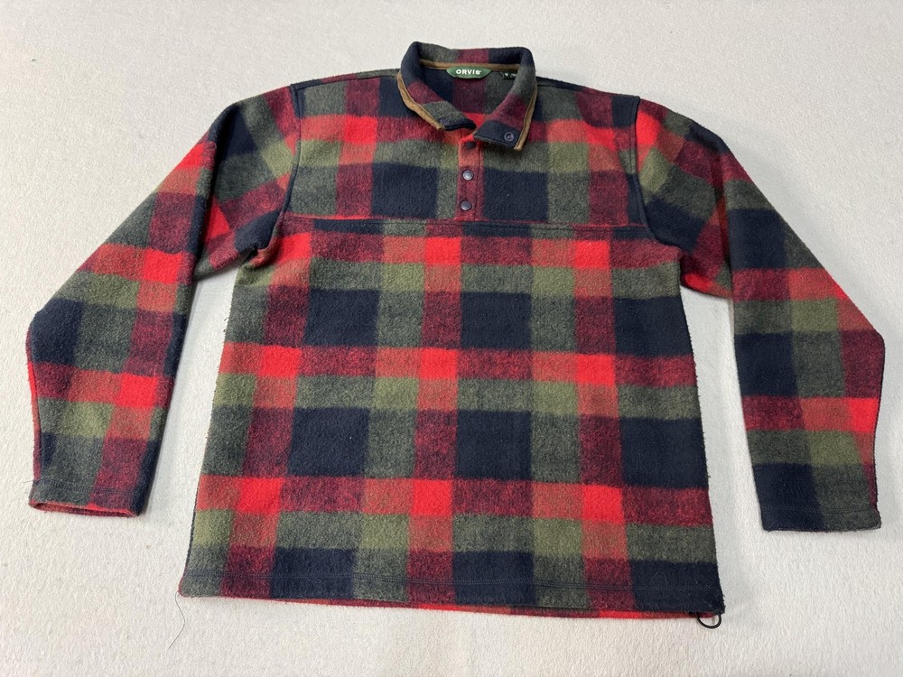 Orvis Pullover Mens Medium Red Black Green Buffalo Plaid Snap Button Outdoors