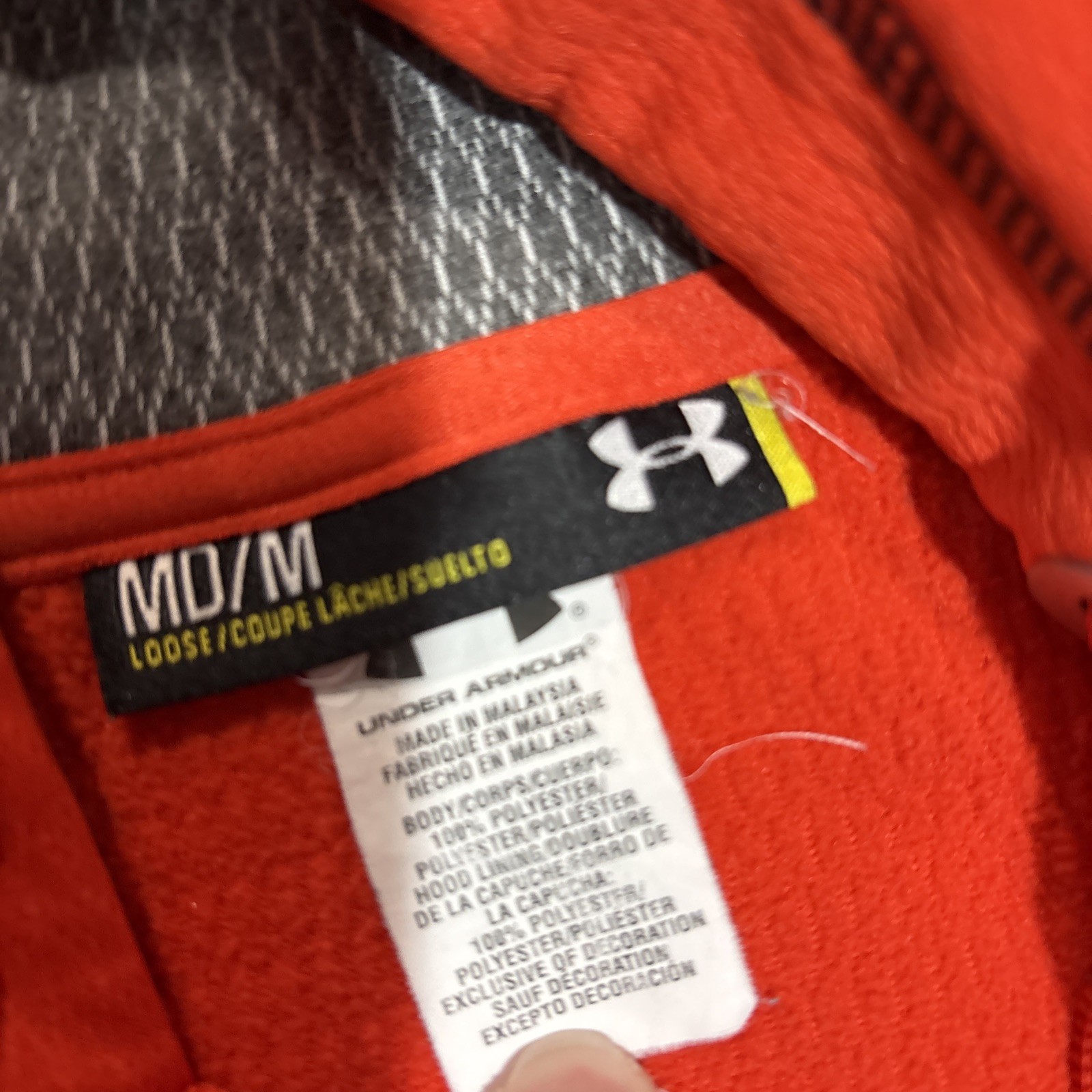 Under Armour Mens Hoodie Jacket Medium Orange Loose Full Zip Pockets Gray Logo gallery