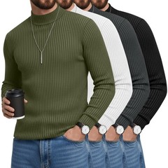 4 Pack Men’s Mock Turtleneck T-Shirts Cotton Ribbed Knitted Long Sleeve Pullo…