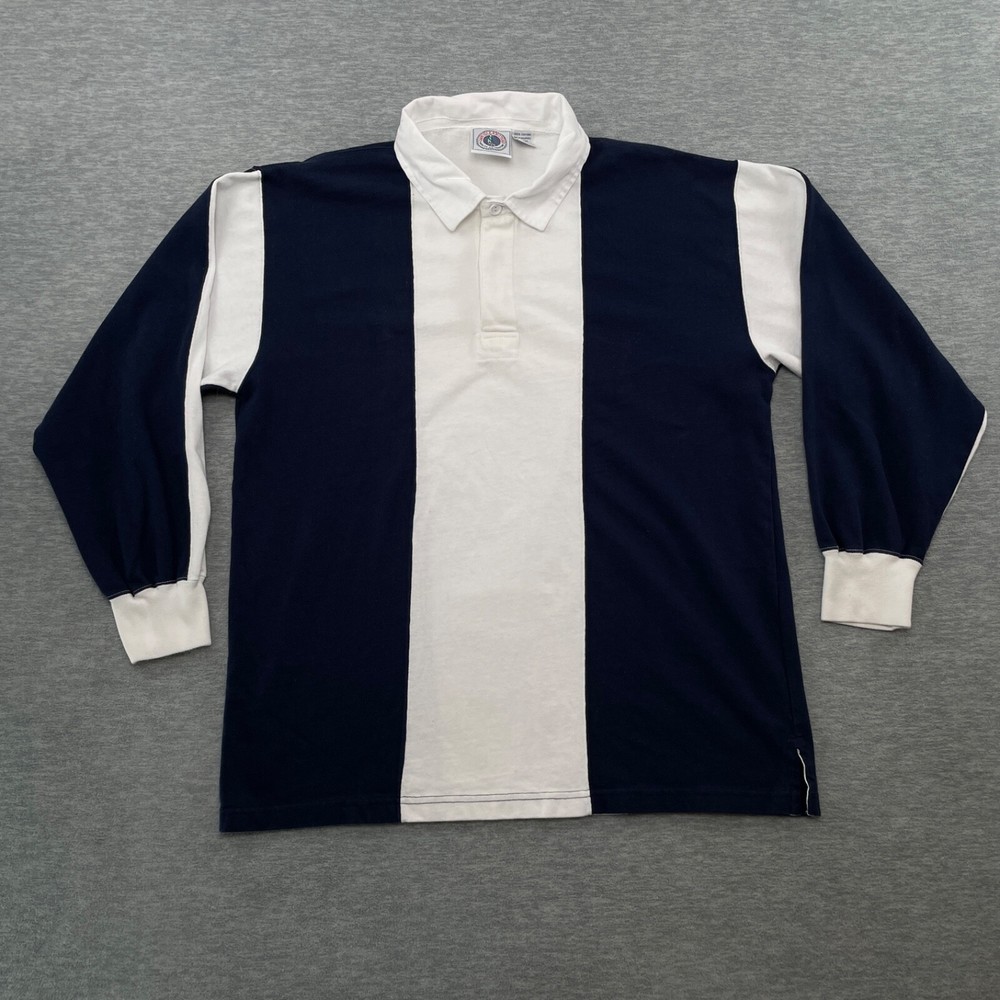 Long Sleeve Rugby Shirt Men L Blue White Color Block Cape Isle Knitters Stripe