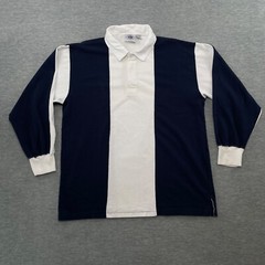 Long Sleeve Rugby Shirt Men L Blue White Color Block Cape Isle Knitters Stripe