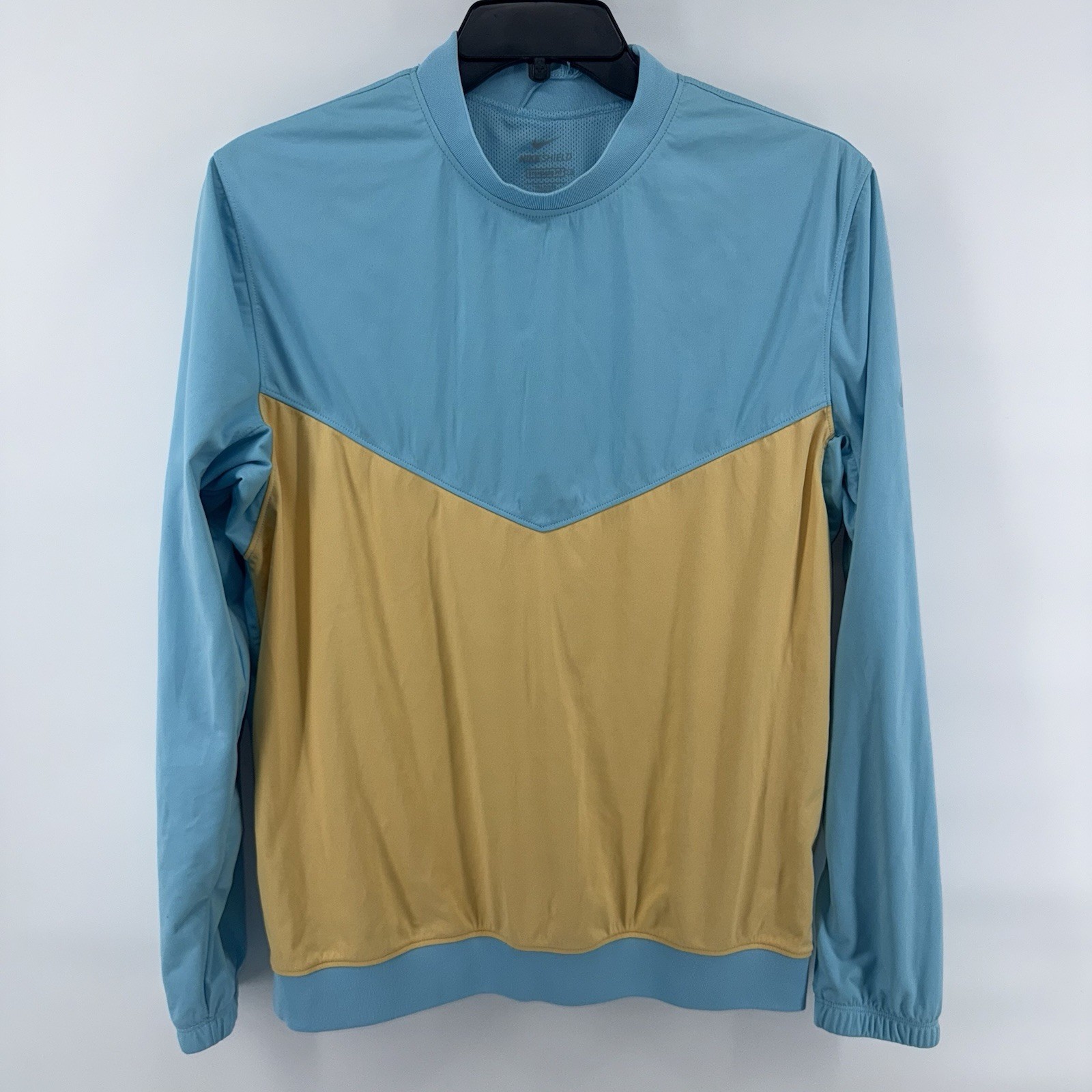 Men’s Nike Shield Victory Golf Rain Windbreaker Crew Pullover Blue Yellow Medium gallery