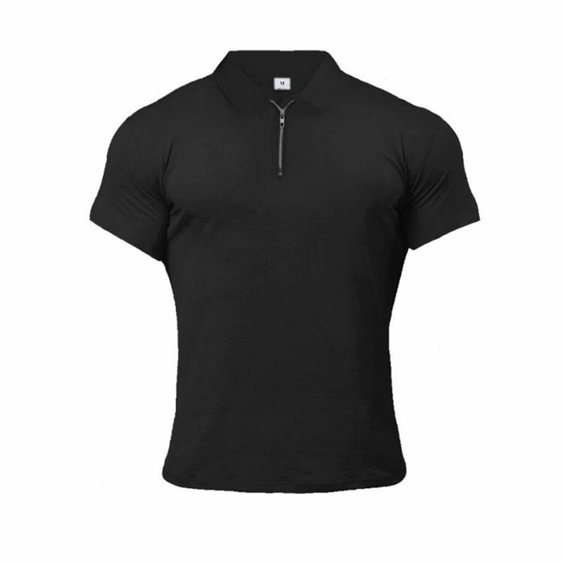 Mens T Shirts Casual Fashion Gym Fitness Short Sleeve Zip Muscle Guy Polo Shirt