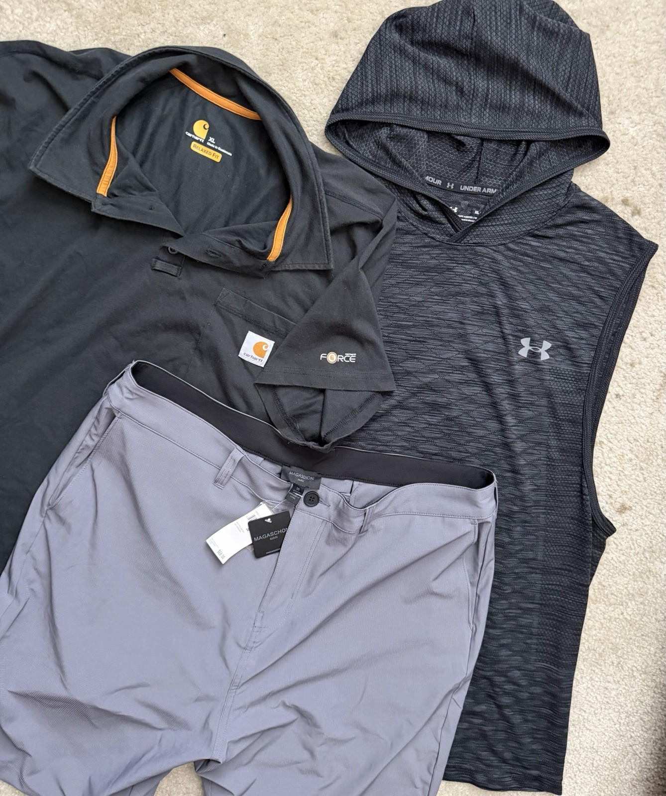 3 Lot Under Armour Threadborne Mens XL Hoodie Tank Carhartt Magaschoni Shorts gallery