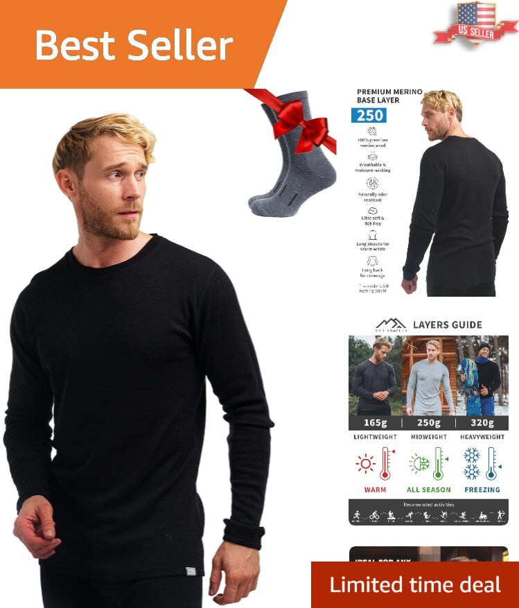 Comfortable 17.5 Micron Merino Wool Base Layer Top + Odor-Resistant Wool Socks gallery