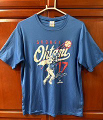 L A Dodgers S/S Polyester T Shirt MLB Player #17 Shohei Ohtani Logo MED Preowned