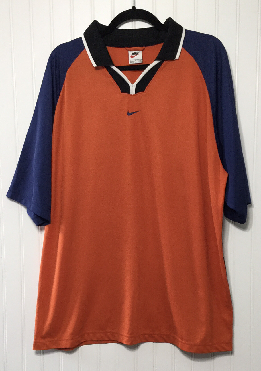 NIKE Mens Large V Neck Collared Activewear Shirt Top Colorblock Striped Orange gallery