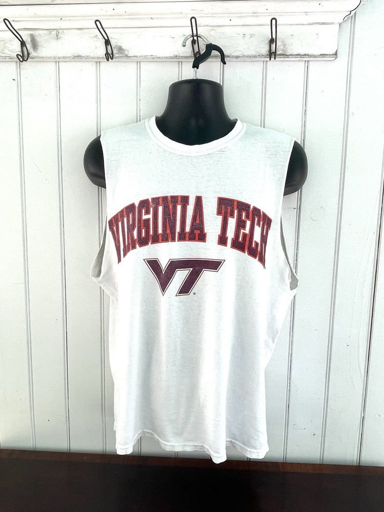 Vtg 90s Virginia Tech Hokies Men L White Workout Shirt Sleeveless Cutoff T-shirt