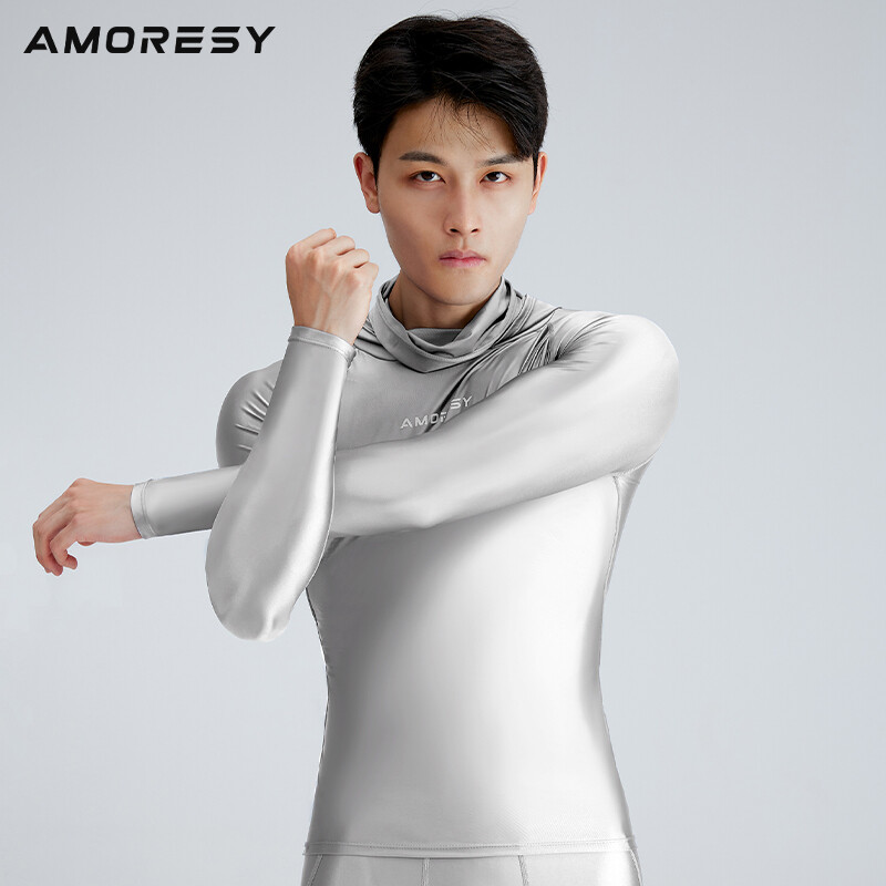 AMORESY Men Shiny Glossy Hooded Sunscreen Top Long Sleeve Fitness Sports T-shirt gallery