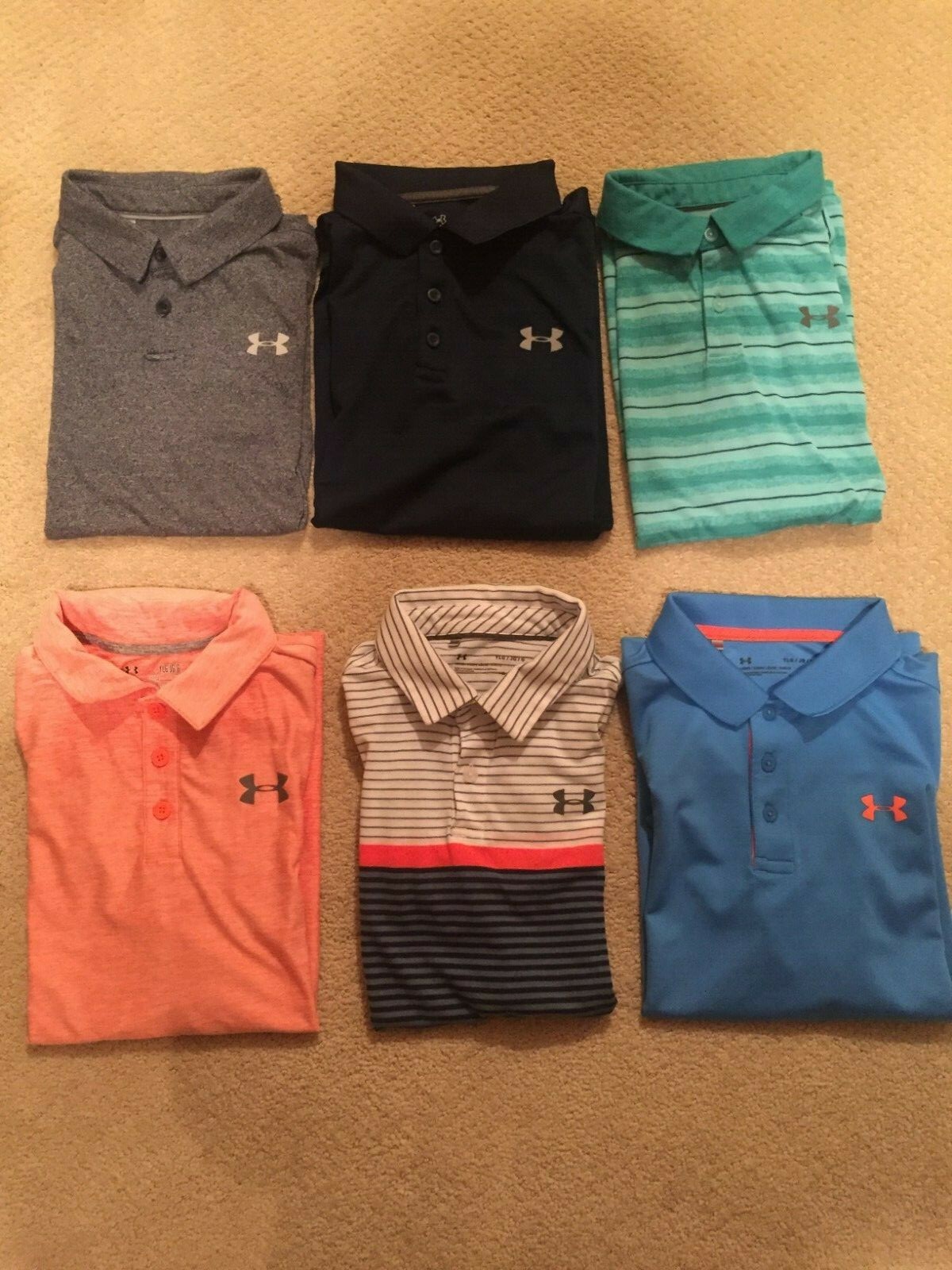 6 Under Armour Polos, Youth Large, Light and Dark Blue, Green, Orange gallery