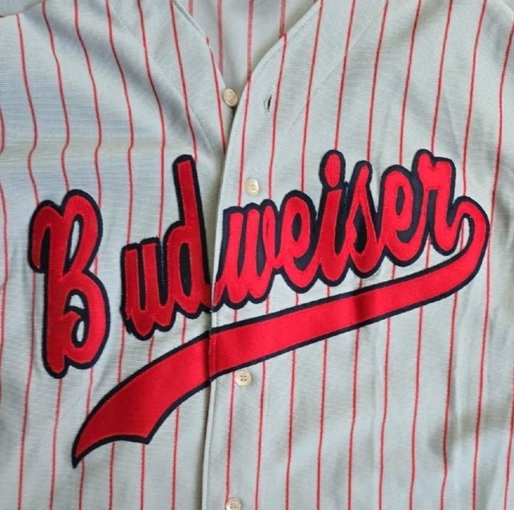 Vintage Budweiser Men's Gray And Red Striped Base Jersey Size L gallery