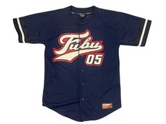 FUBU Sports Jersey Mens Large Blue 05 Baseball Button Front Graphic Shirt