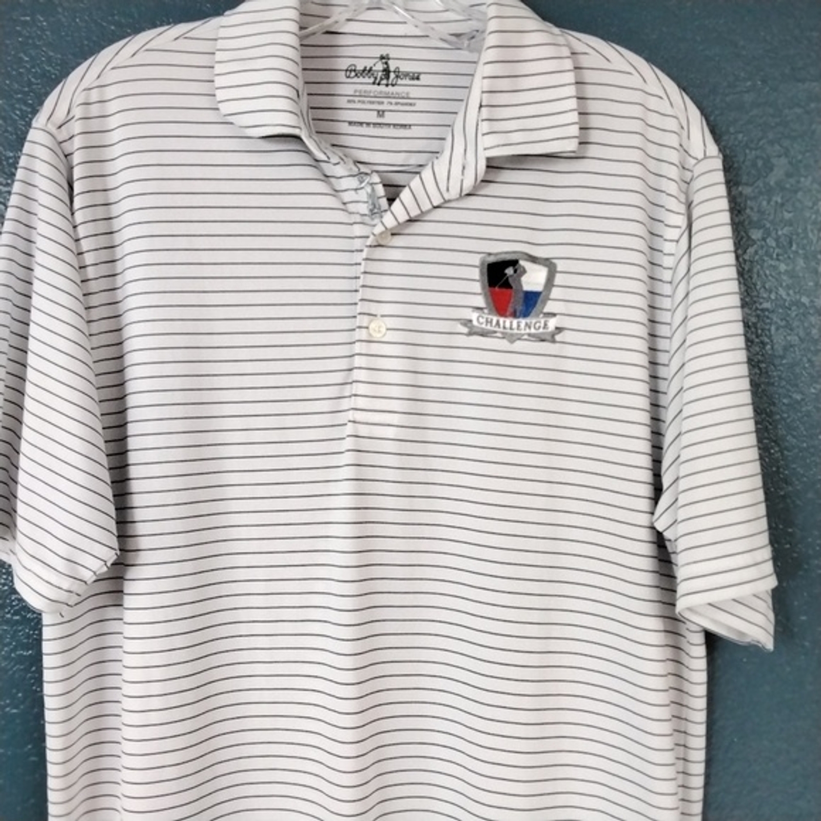 Bobby Jones Performance Golf Polo White/Blue Striped Jersey Knit Sz M Activewear gallery