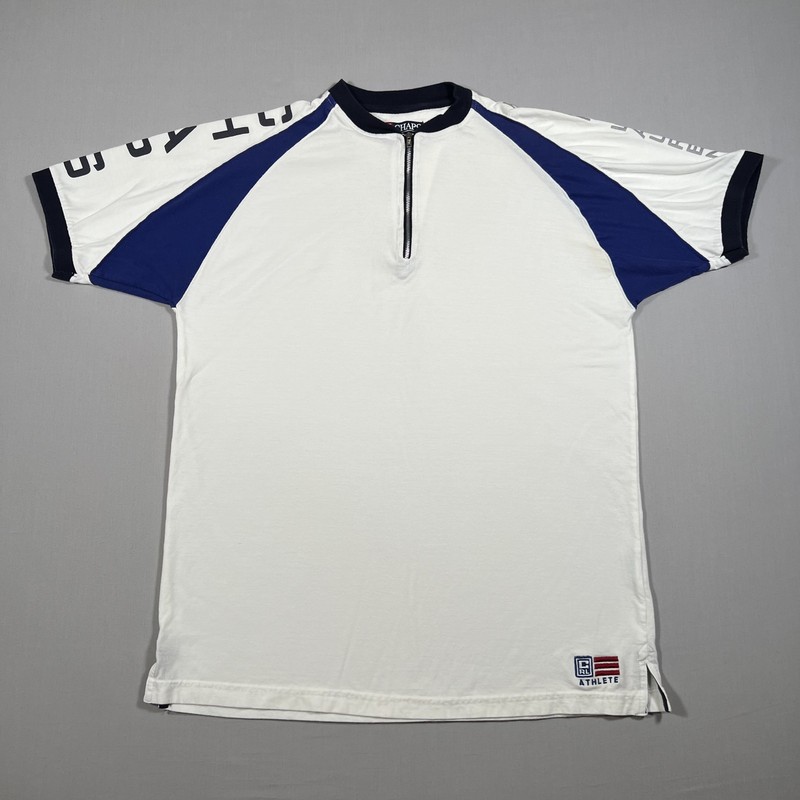 Chaps Ralph Lauren Athlete Shirt 1/4 Zip Spellout Sleeve M White Blue 90s Y2K gallery