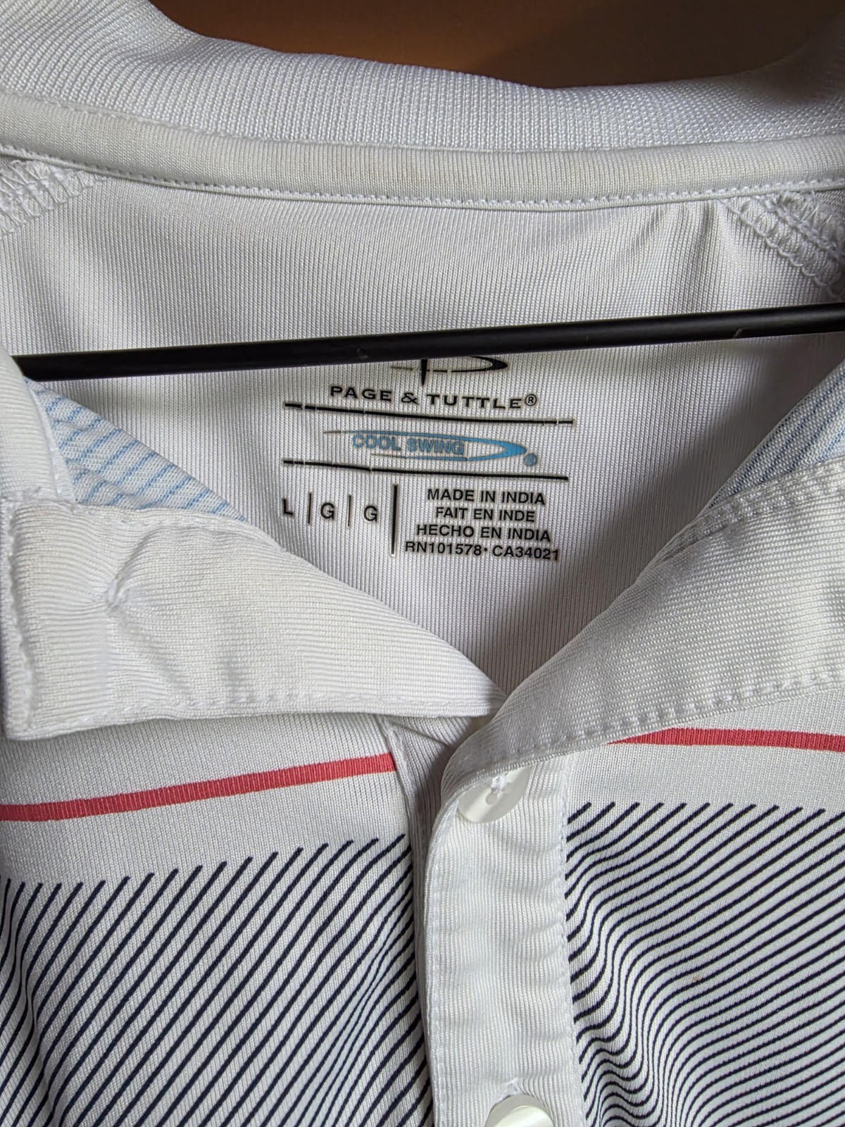 Page & Tuttle White/Blue/Grey Striped Golf Polo Shirt Mens Large - AMGR Logo gallery
