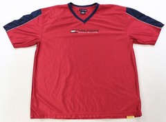 Rare Vintage TOMMY HILFIGER Athletics Spell Out Flag Jersey T Shirt 2000s Red XL