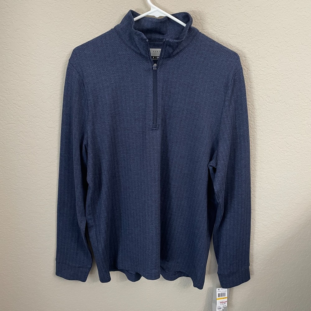 PGA Tour Men's Small Long Sleeve Quarter Zip Pullover Blue Herringbone Golf NWT