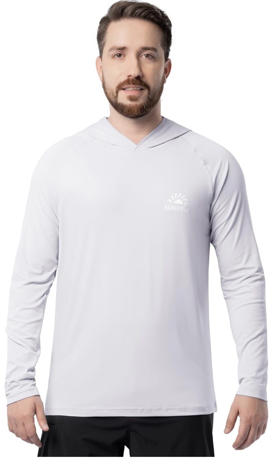 Men’s Hooded Long Sleeve Performance Tee UPF 30 Beige Off White Large L gallery