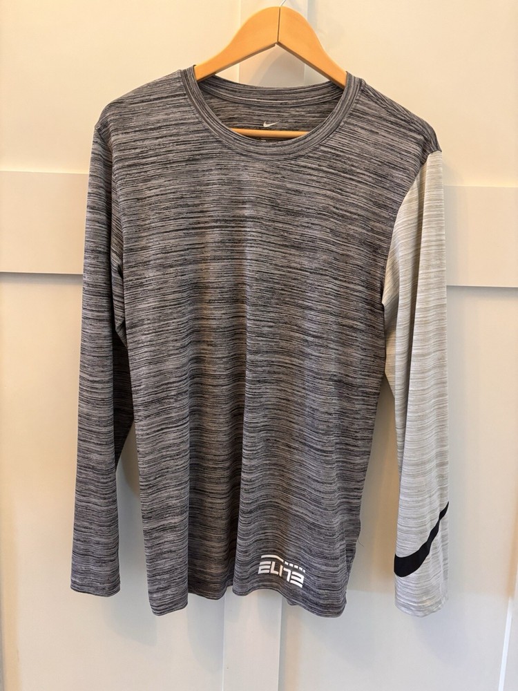 Mens Nike Elite Dri-Fit Long Sleeve Gray Black Shirt Two Tone Athletic Fit Sz S