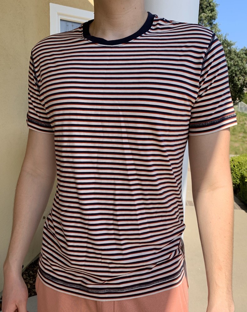 New Lululemon 5 Year Basic Shirt Short Sleeve Navy Red White Stripe Nautical XL