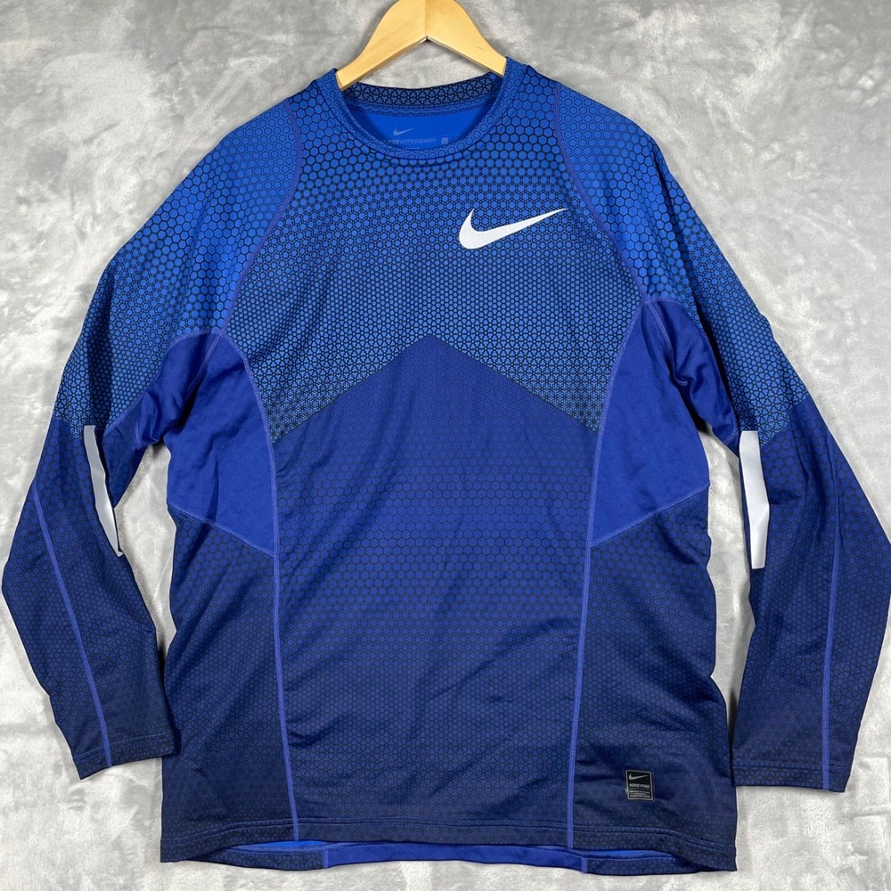 Nike Pro Hyperwarm Mens XL Blue Honeycomb Long Sleeve Compression Training Top